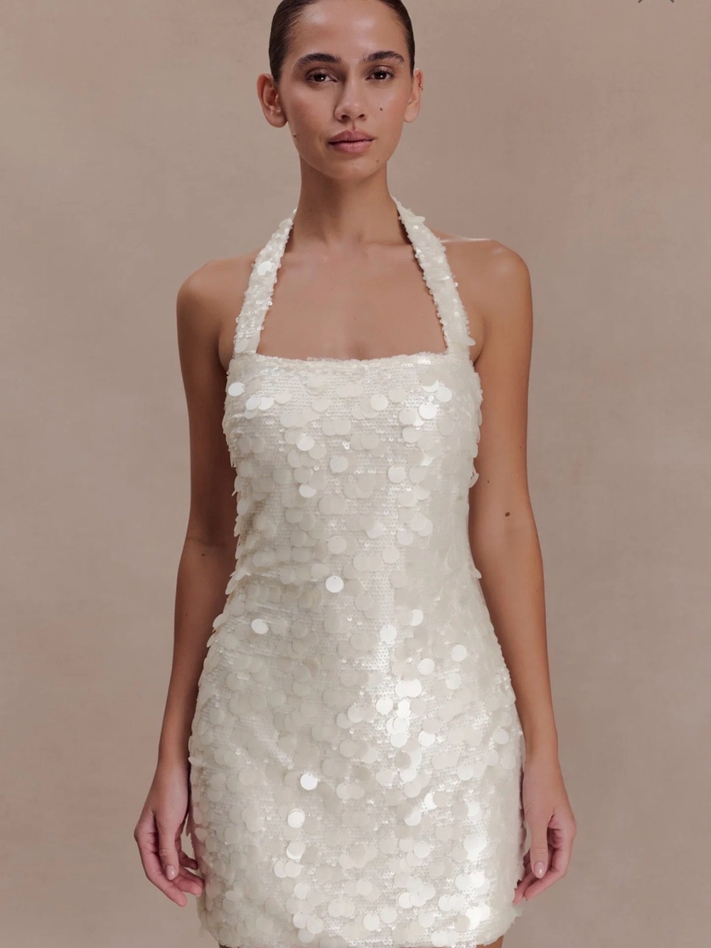 Meshki Ivory Sequin Halter Mini Dress